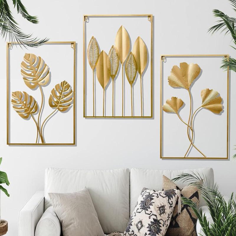 Metal Wall Decors Golden Leaf Wall Hanging Decoration ( Set of 3)