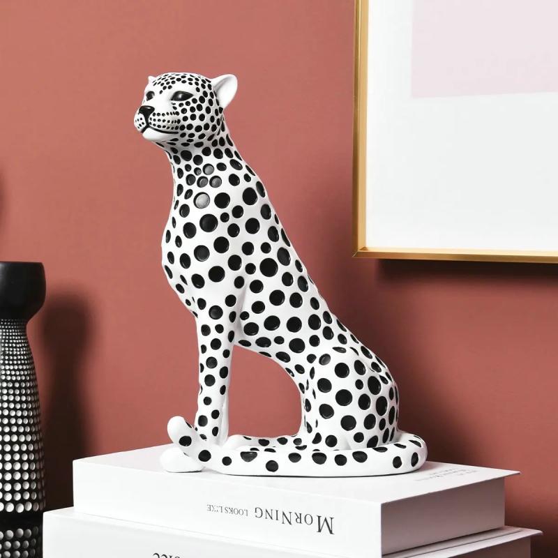 Leopard White Resin Art Decorative Sculpture with Black Polka Dots Design